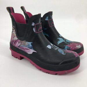 Joules Wellibob Black Pink Floral Ankle Rain Boot